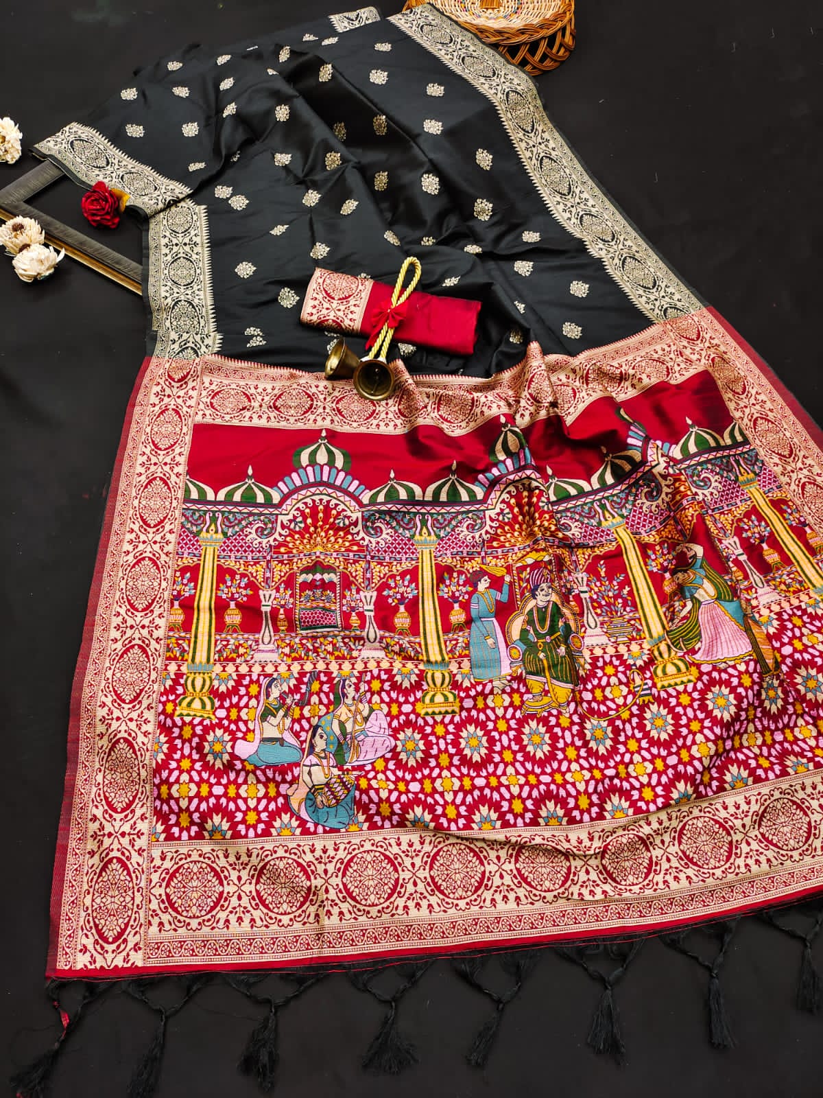 Soft Raw Silk Black Red Saree