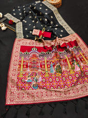 Soft Raw Silk Black Red Saree