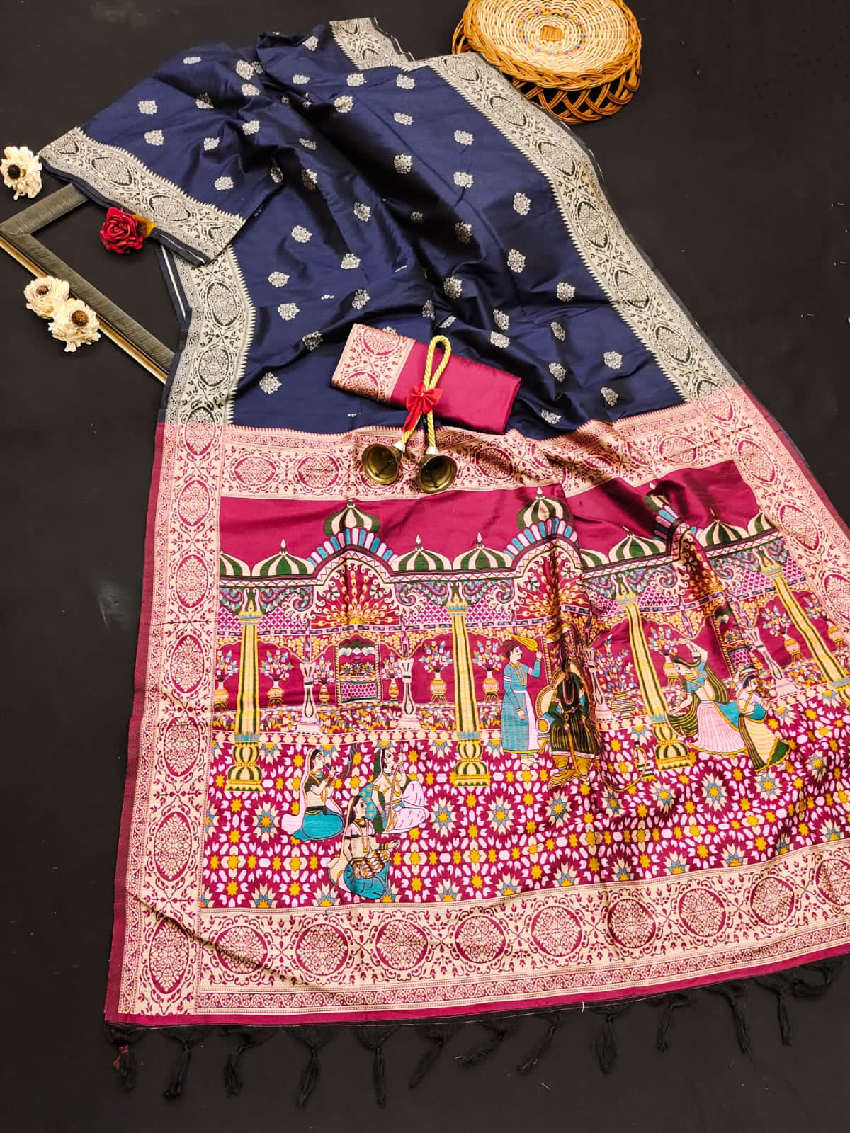 Soft Raw Silk Blue Red Saree