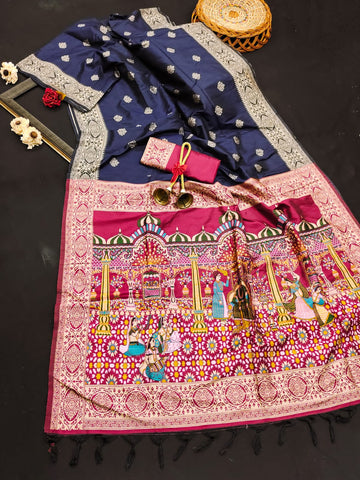 Soft Raw Silk Blue Red Saree