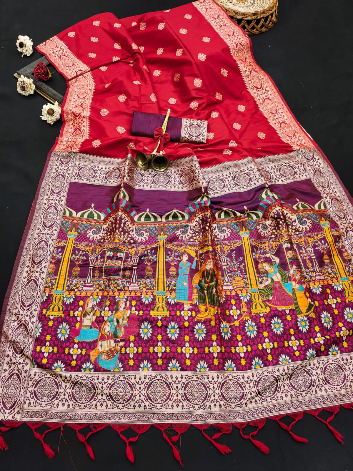Soft Raw Silk Red Purple Saree