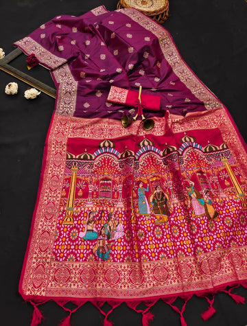 Soft Raw Silk Purple Red Saree