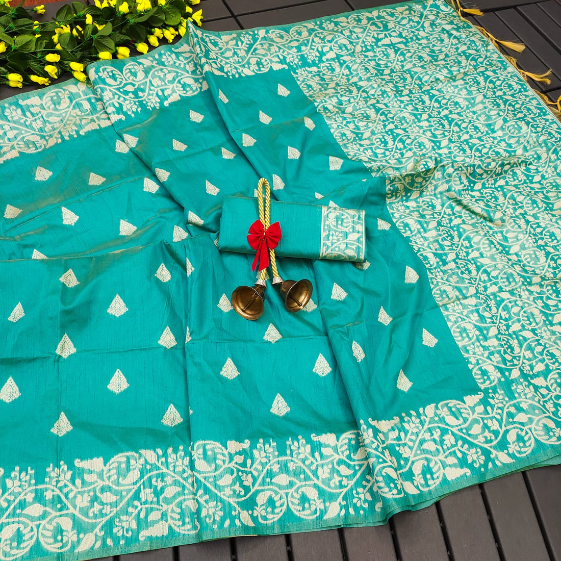 Banglori Handloom Raw Silk Ocean Green Saree