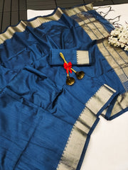 Premium Tussar Silk Blue Saree