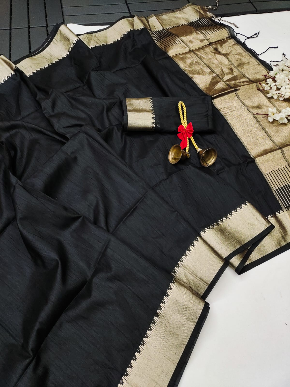Premium Tussar Silk Black Saree