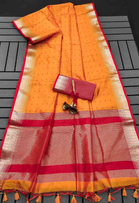 Tussar Silk Orange Saree With Blouse Piece For Women