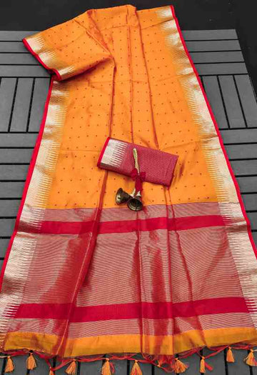 Tussar Silk Orange Saree With Blouse Piece For Women