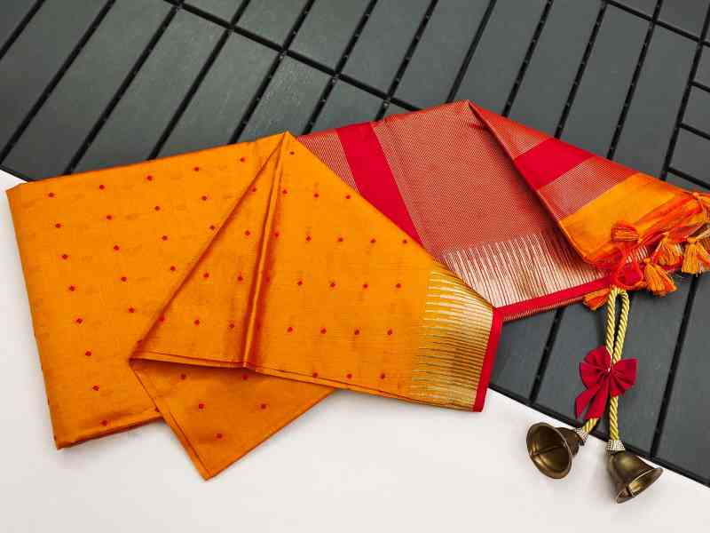 Tussar Silk Orange Saree With Blouse Piece For Women