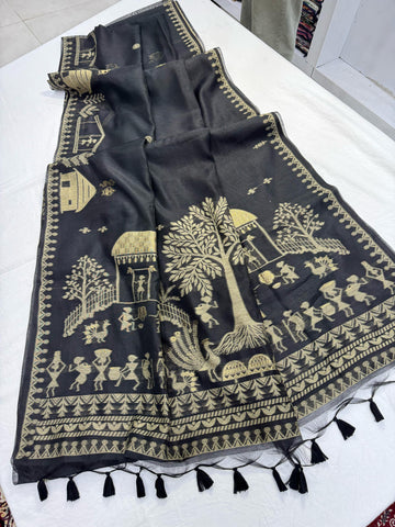 Premium Soft Muga Cotton Black Saree