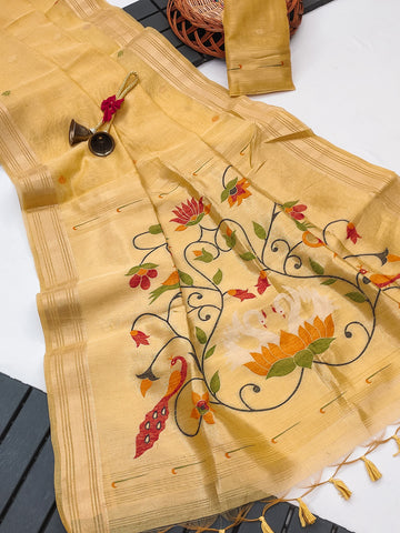 Premium Soft moga cotton paithani yellow  saree