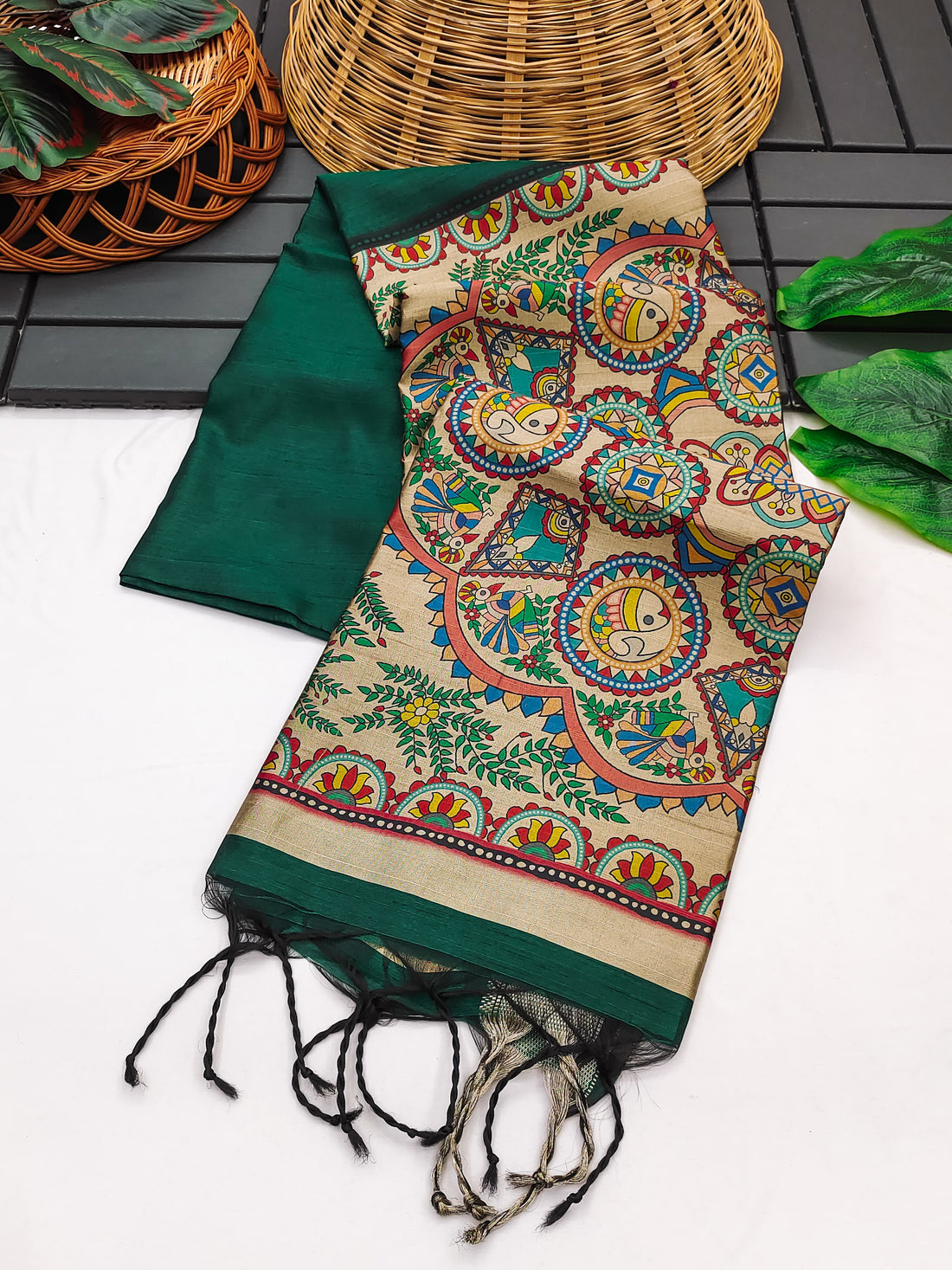 Soft Khadi Raw Silk Dark Green Saree