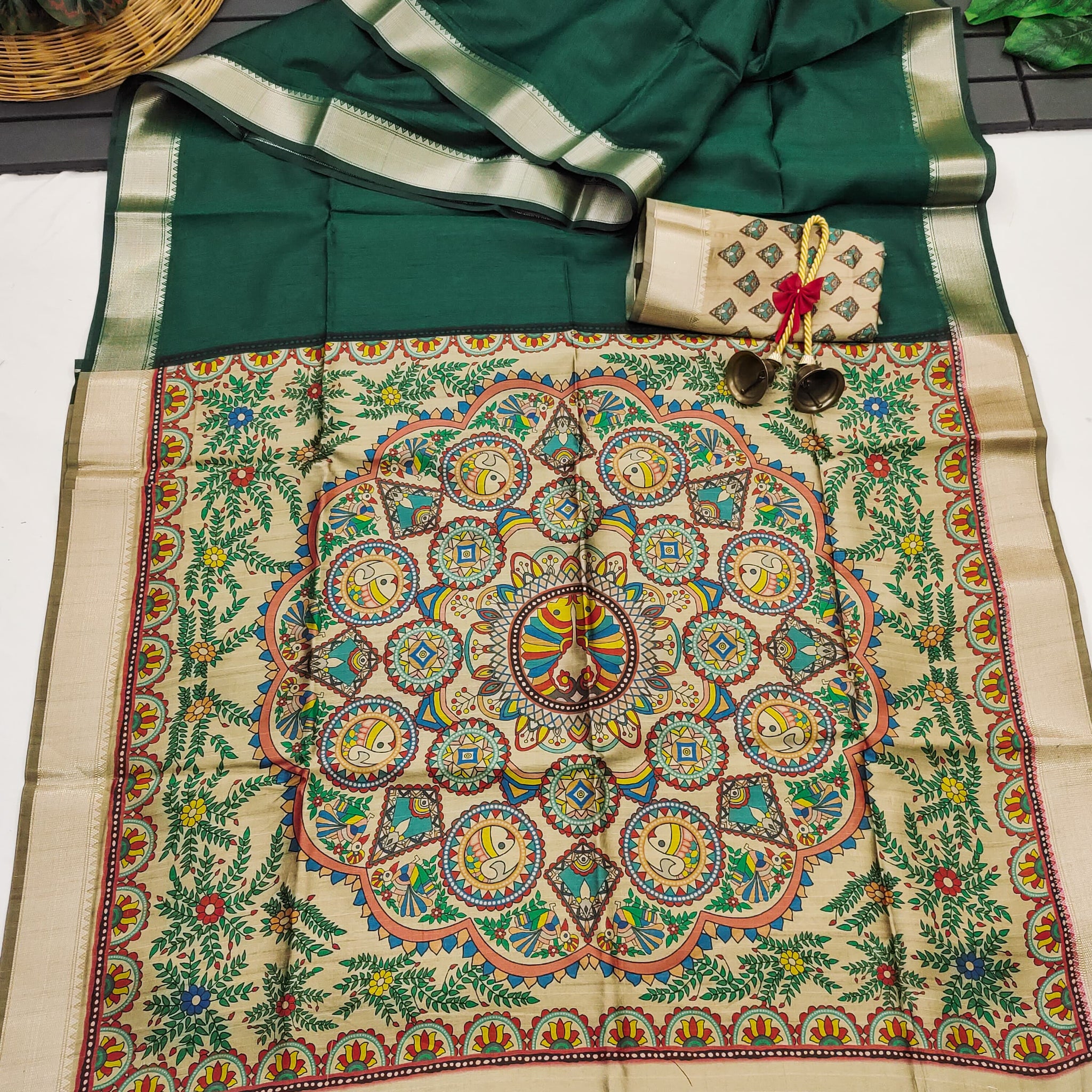 Soft Khadi Raw Silk Dark Green Saree