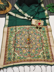 Soft Khadi Raw Silk Dark Green Saree