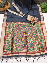 Soft Khadi Raw Silk Blue Gray Saree
