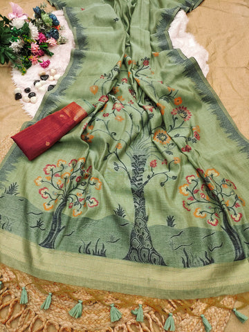 Premium soft Muga Cotton Pista Green sare