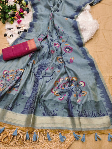 Premium soft Muga Cotton Gray saree