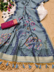 Premium soft Muga Cotton Gray saree