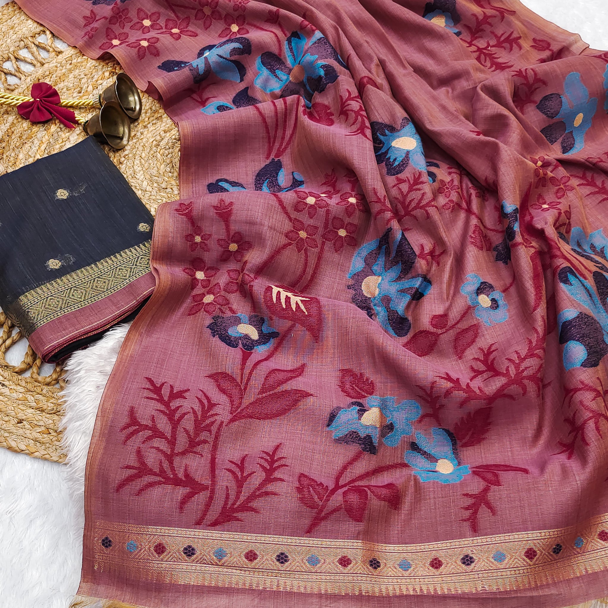 Premium Soft Muga Cotton Pinkish Red Saree