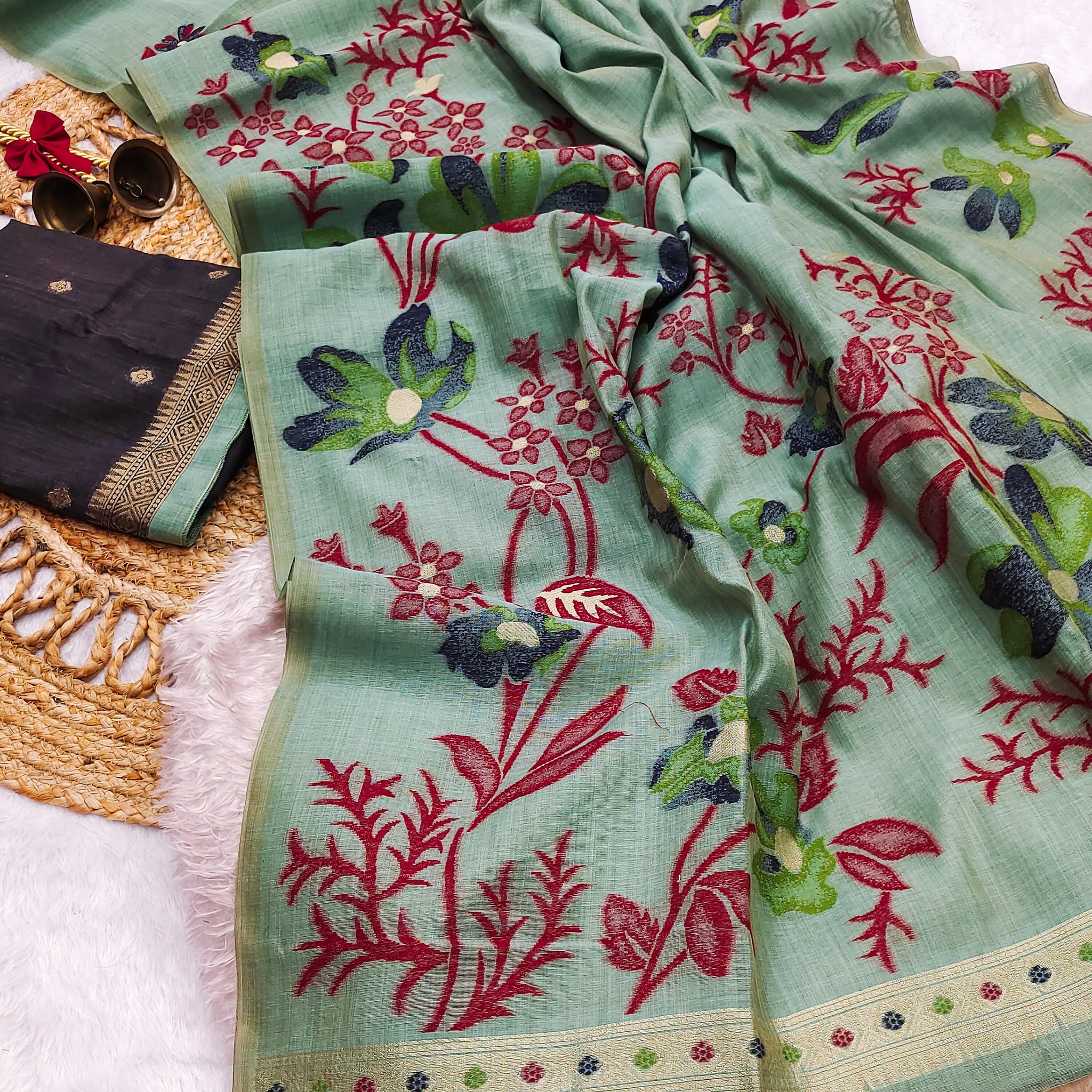 Premium Soft Muga Cotton Bottle Green Saree