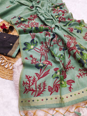 Premium Soft Muga Cotton Bottle Green Saree