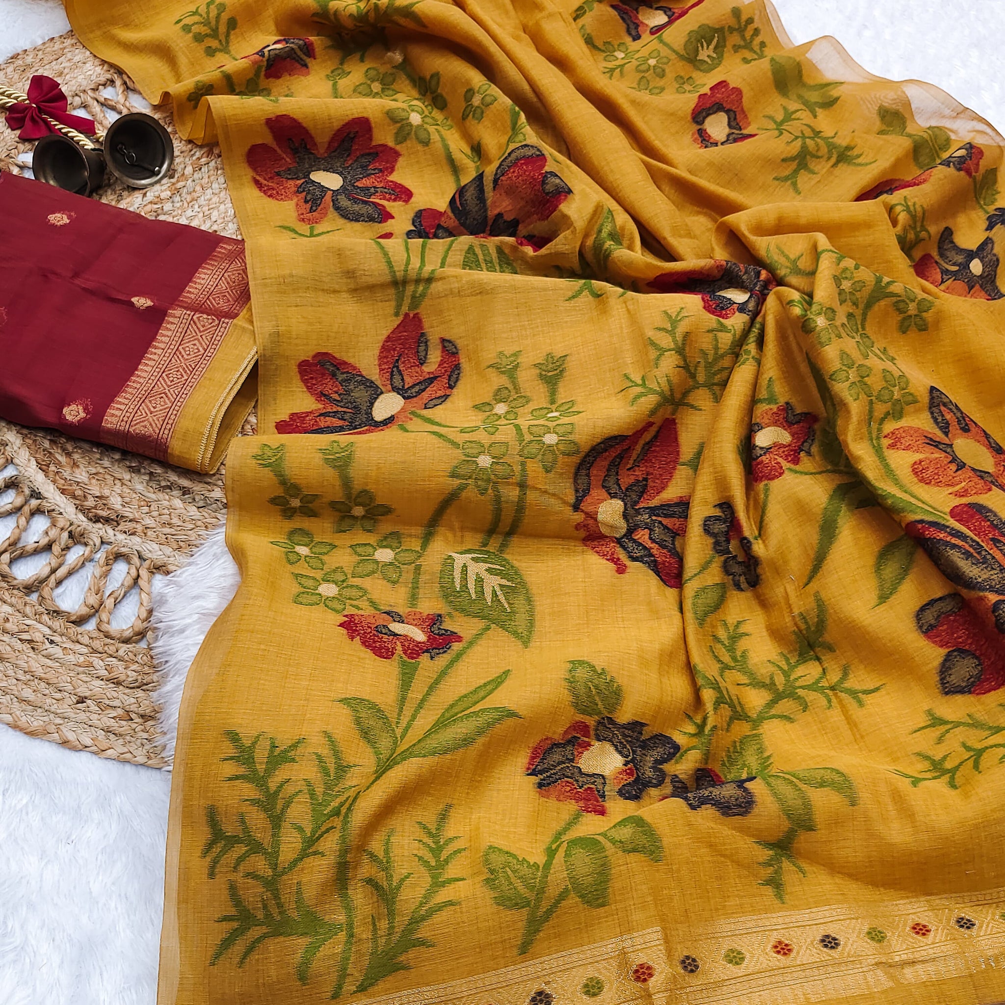 Premium Soft Muga Cotton Yellow Saree