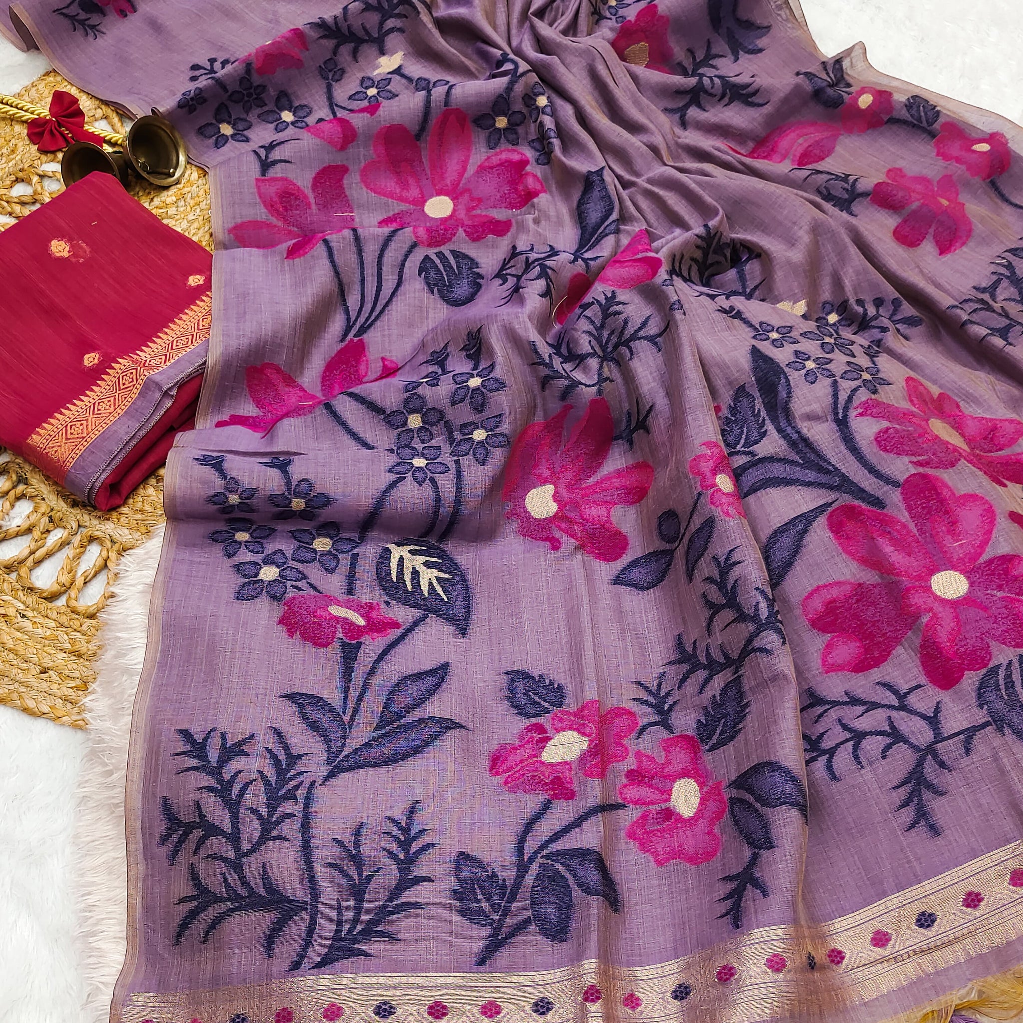 Premium Soft Muga Cotton Purple Saree