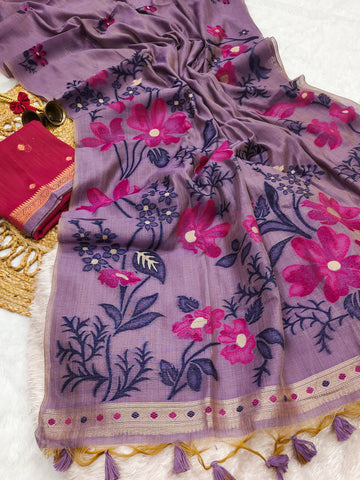 Premium Soft Muga Cotton Purple Saree