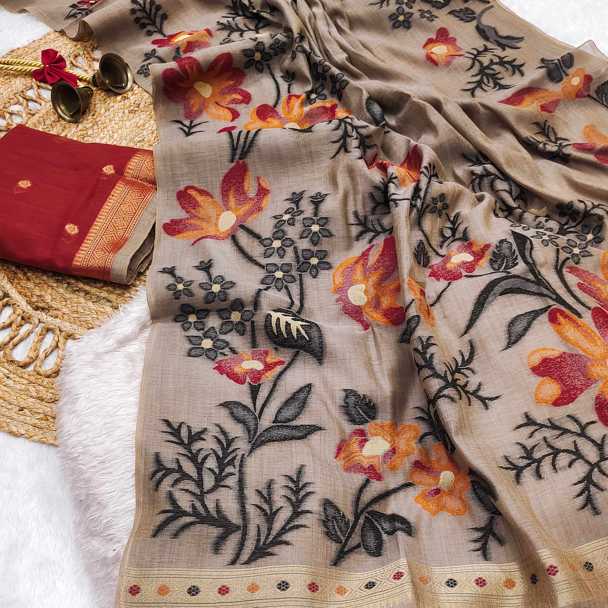 Premium Soft Muga Cotton Gray Saree