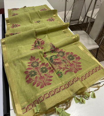 Premium soft Muga Cotton Green  saree