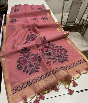 Premium soft Muga Cotton Pink saree