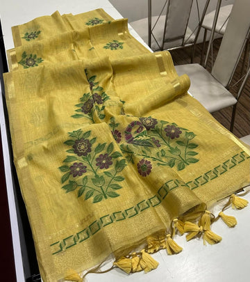 Premium soft Muga Cotton Yellow saree