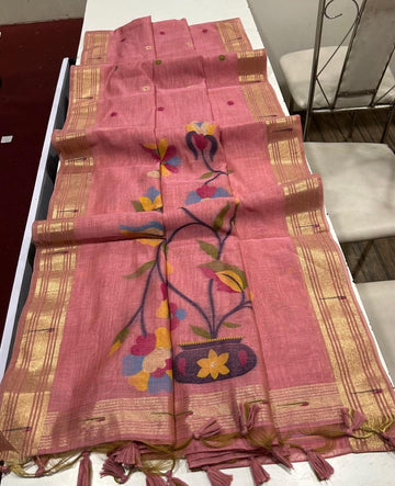 Premium soft Muga Cotton  Paithani  Pink saree