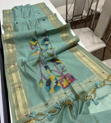 Premium soft Muga Cotton   paithani  pista green saree