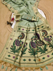 Premium Soft moga cotton paithani pista green saree