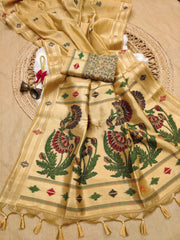 Premium Soft moga cotton paithani  yellow gold saree