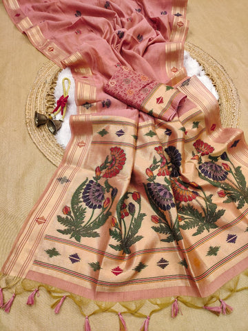 Premium Soft moga cotton paithani  pink saree