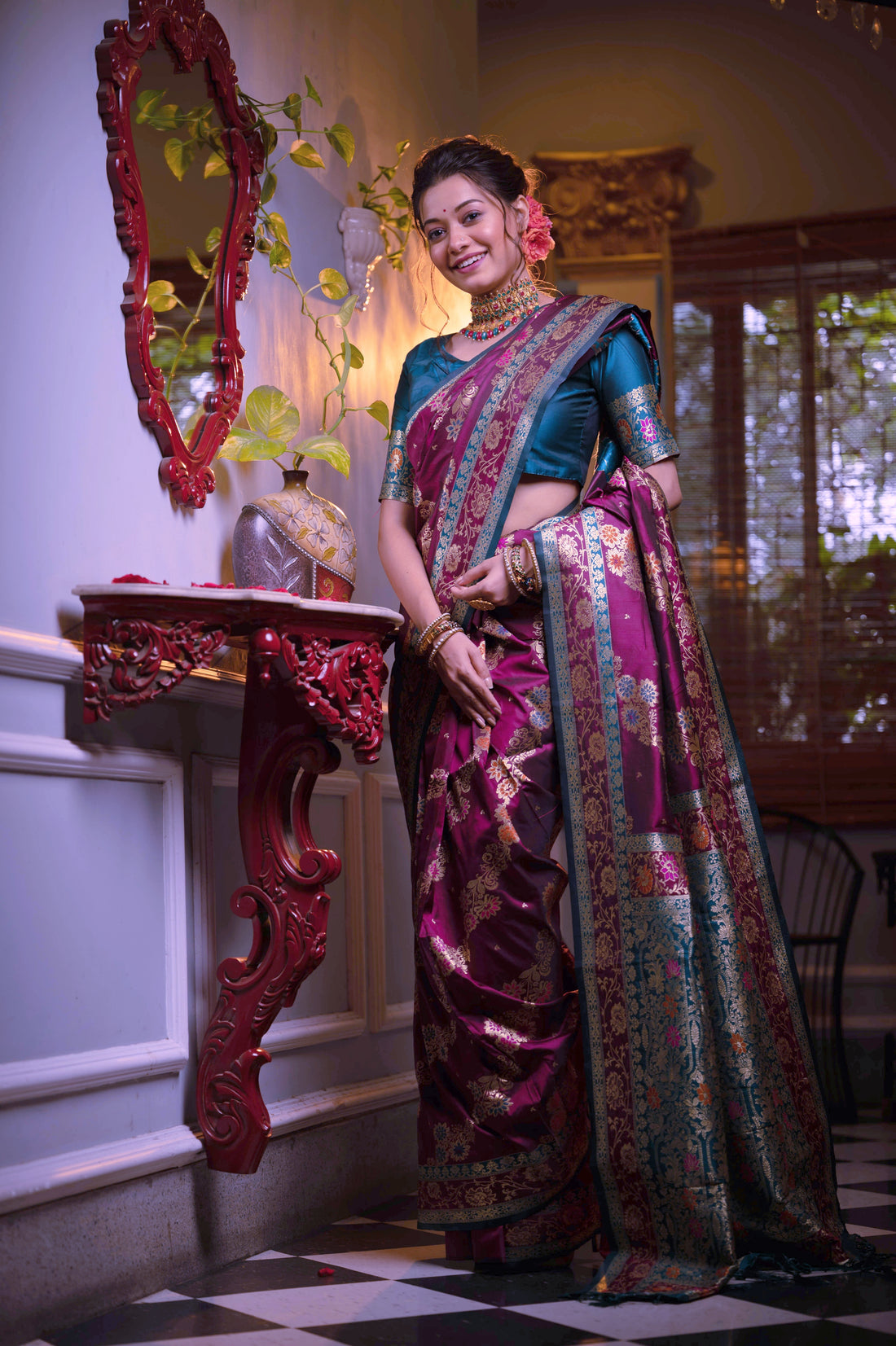 Soft Banarasi Silk Wine Saree