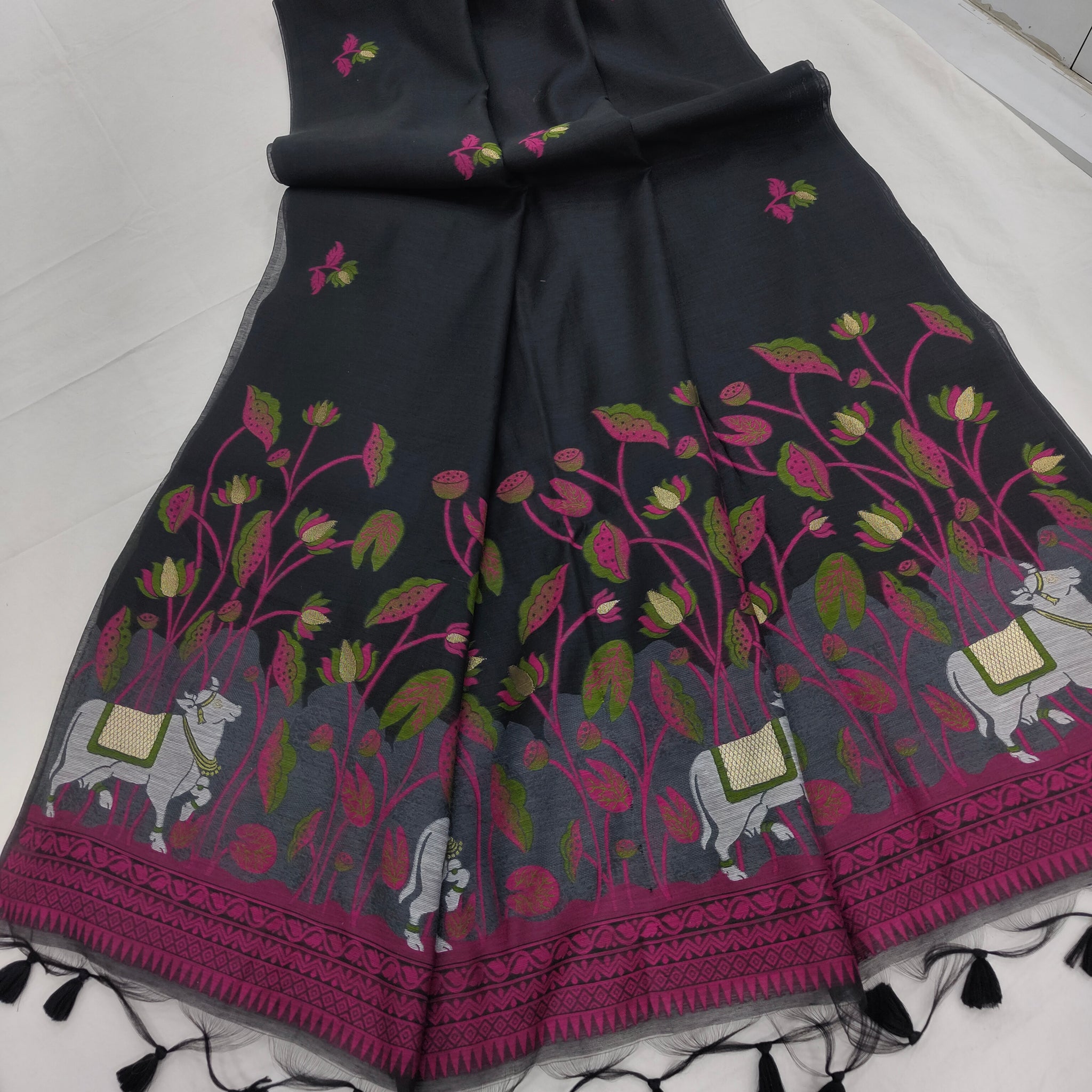 Premium Muga Cotton Dark Green Saree