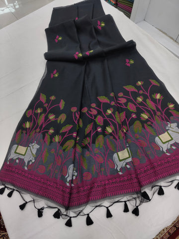Premium Muga Cotton Dark Green Saree