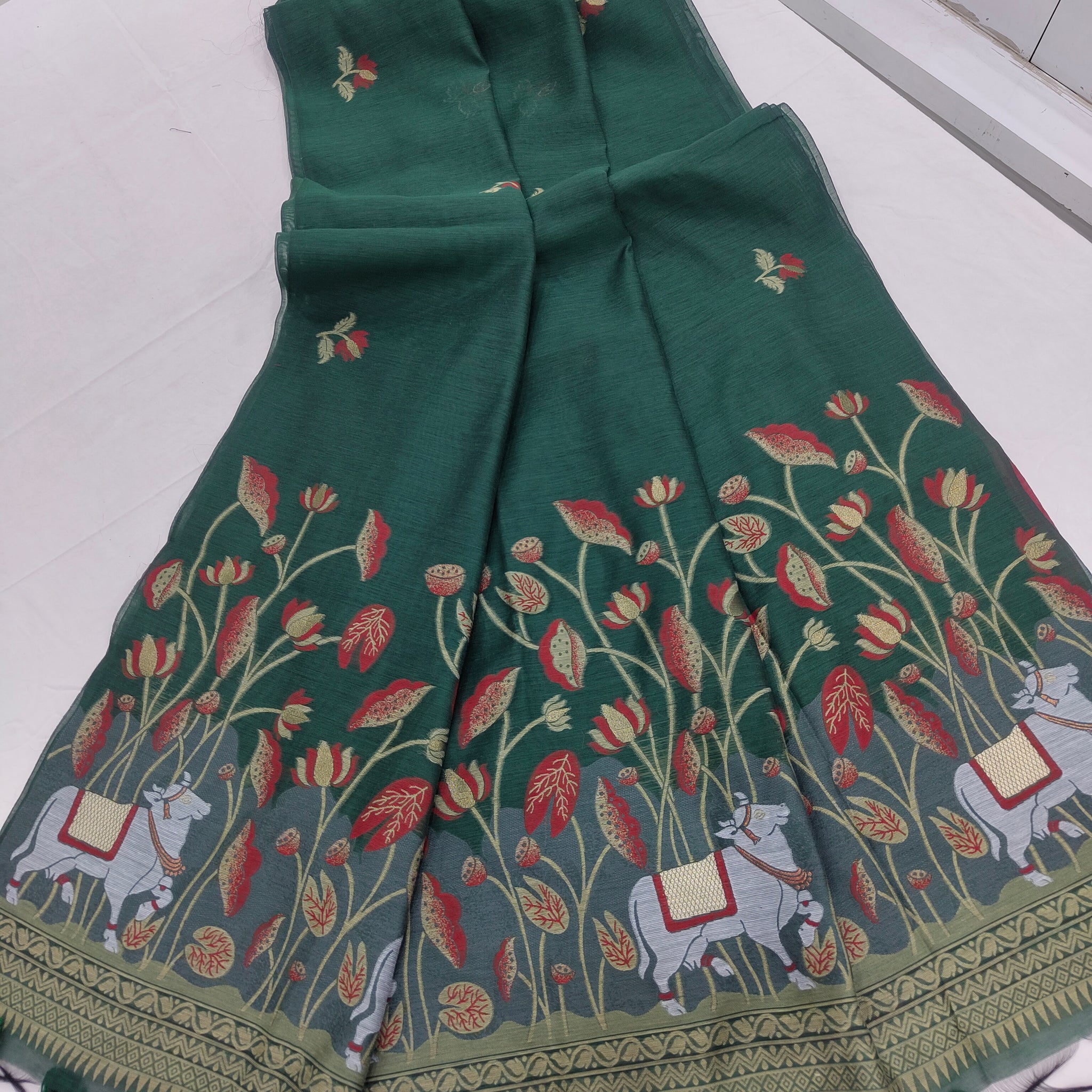 Premium Soft Muga Cotton Green Saree