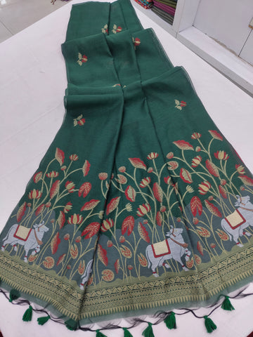 Premium Soft Muga Cotton Green Saree
