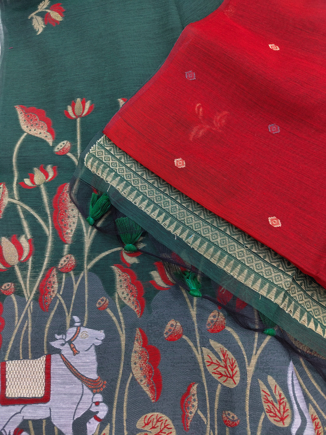 Premium Soft Muga Cotton Green Saree