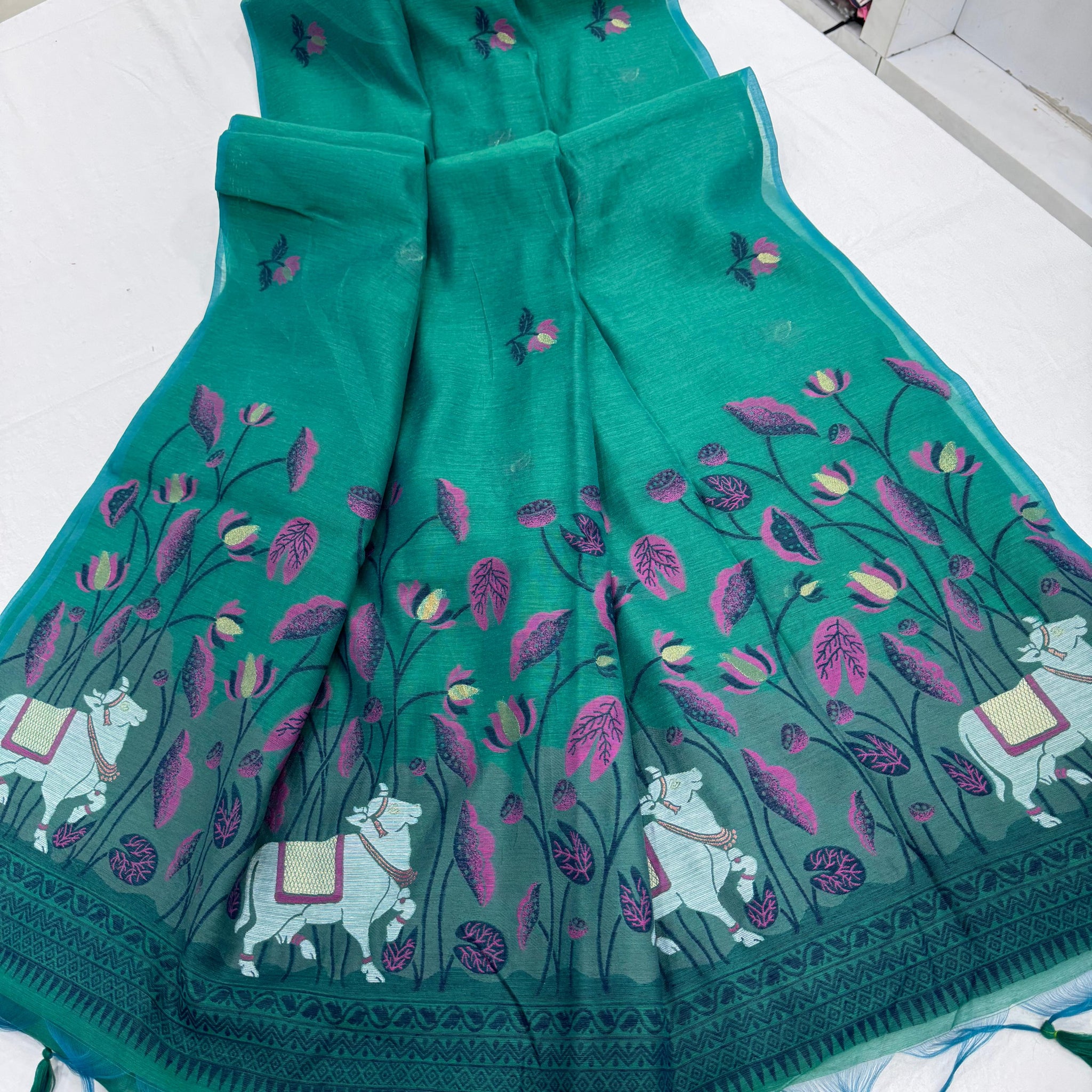 Premium Soft Muga Cotton Bottel Green Saree
