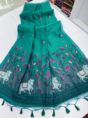 Premium Soft Muga Cotton Bottel Green Saree