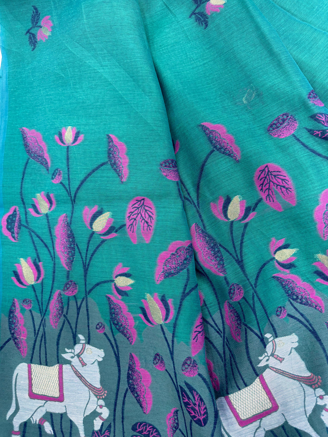 Premium Soft Muga Cotton Bottel Green Saree