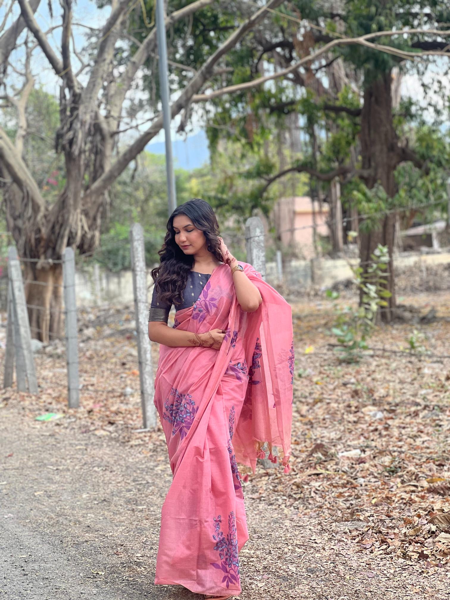 Premium Soft Muga Silk Pink Saree