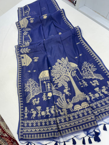Premium Soft Muga Cotton Blue Saree