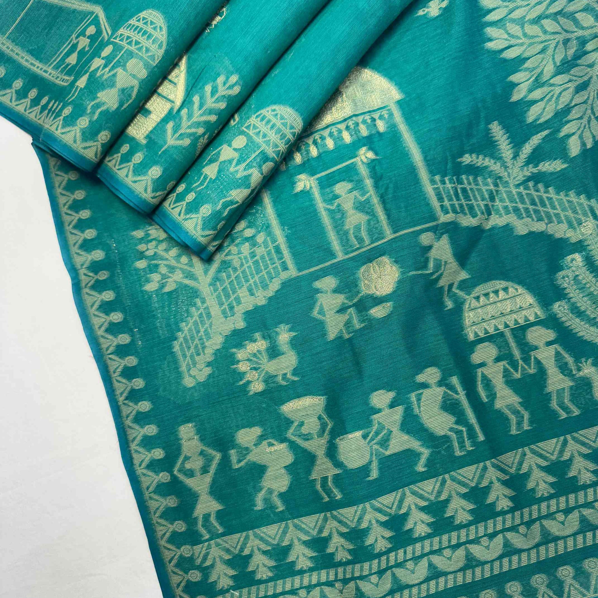 Premium Soft Muga Cotton Moni Green Saree