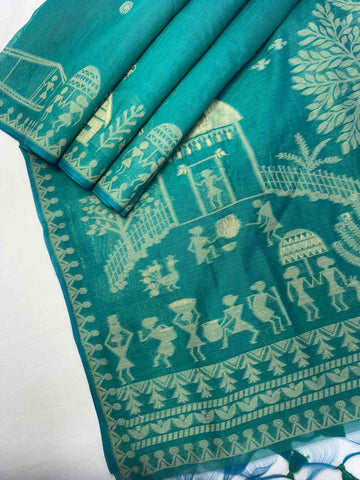 Premium Soft Muga Cotton Moni Green Saree