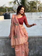 Premium Soft Muga Silk Peach Saree